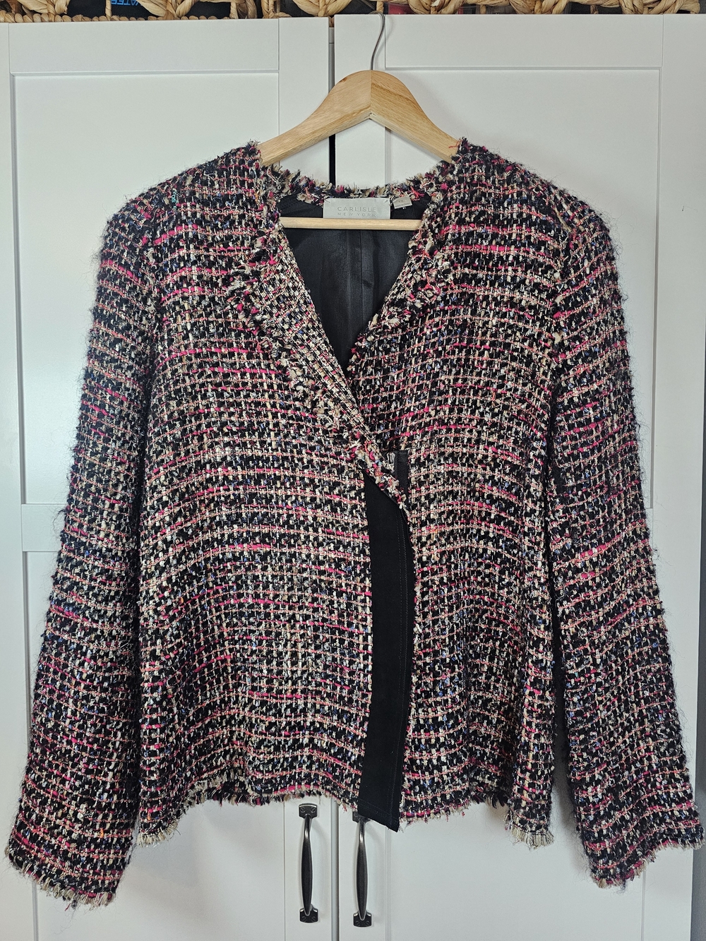 Carlisle New York Tweed Suede Fringe Trim Open Front Jacket Blazer 12 Old Money